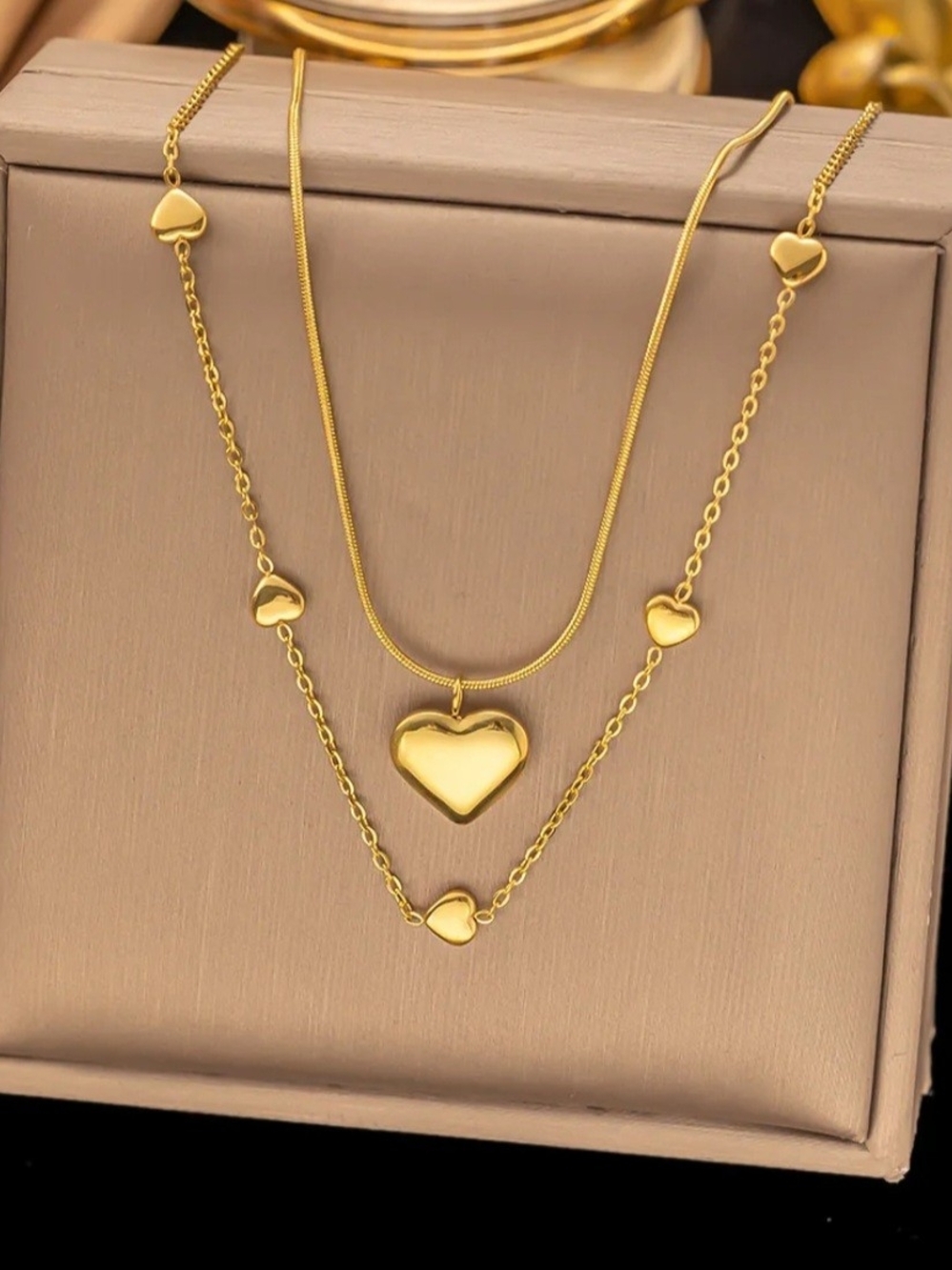 18K Stainless Steel Gold Plated Double-Layer Heart Pendant Necklace